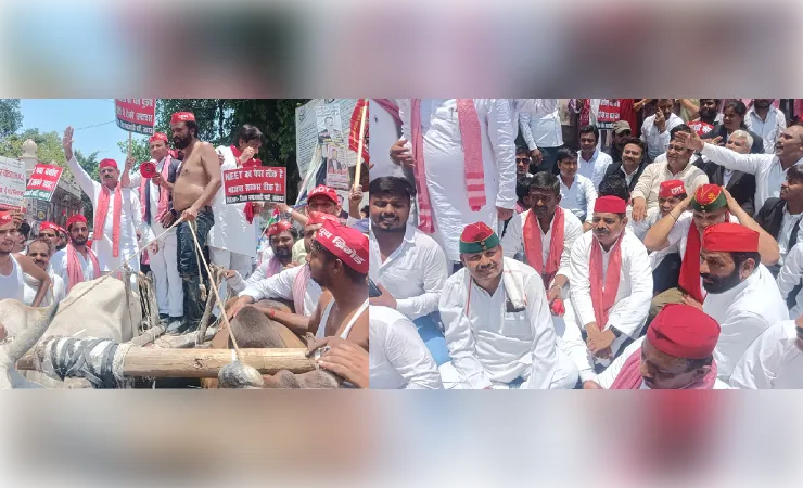 पेट्रोल-डीजल और महंगाई के खिलाफ सपा का प्रदर्शन, बैलगाड़ी से पहुंचे कार्यकर्ता