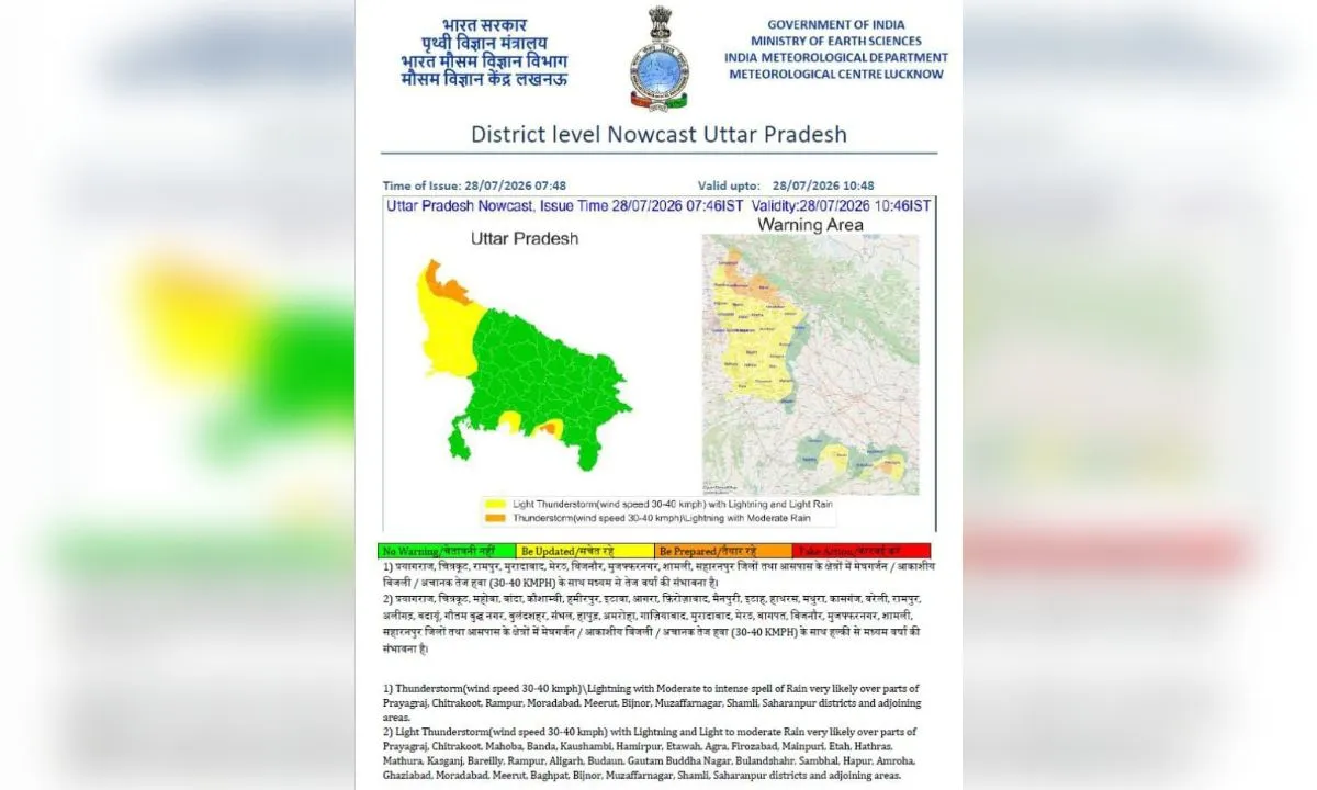 अगामी तीन घंटे के मध्य प्रयागराज सहित 11 जिलों में बारिश का अलर्ट जारी....