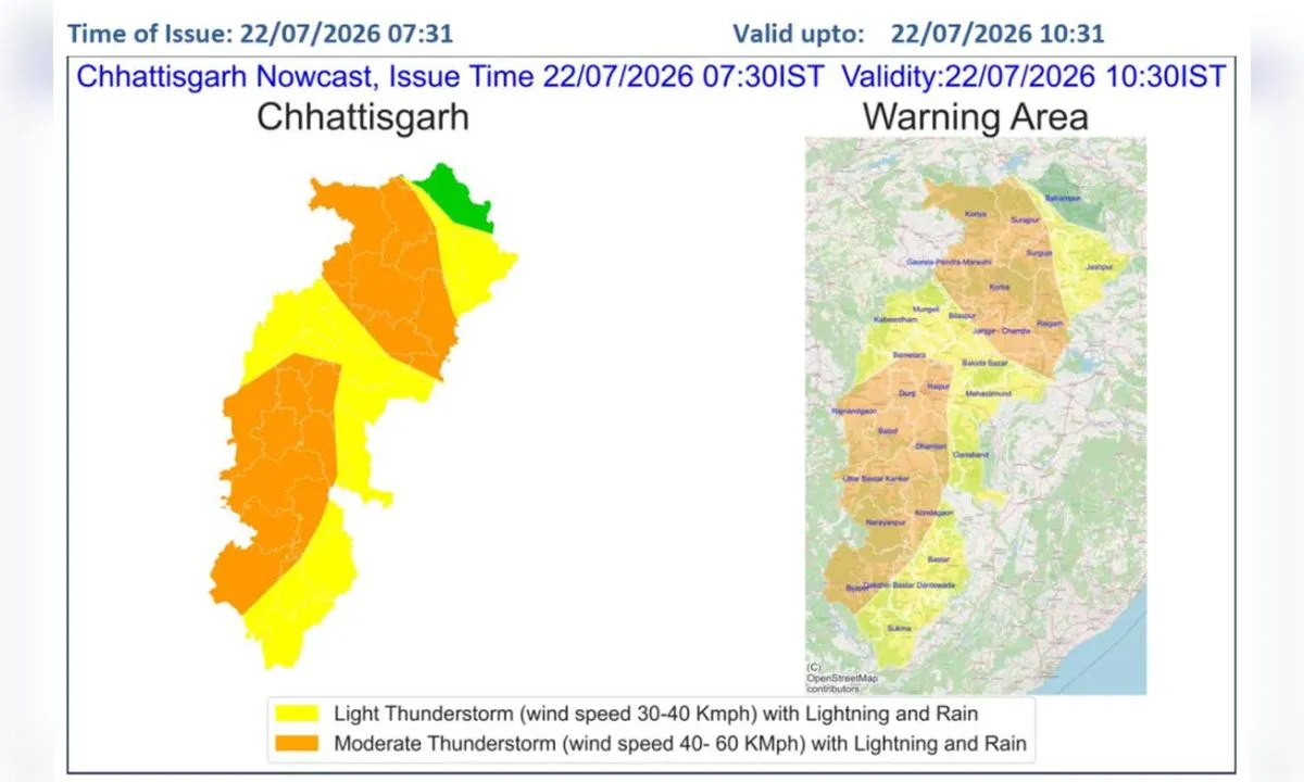छत्तीसगढ़: भारी बारिश का अलर्ट, रायपुर-बिलासपुर समेत कई जिलों में ऑरेंज और रेड चेतावनी