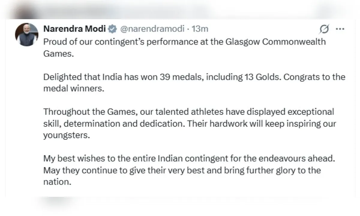 ग्लासगो कॉमनवेल्थ गेम्स में भारत के दमदार प्रदर्शन पर पीएम मोदी ने दी बधाई....