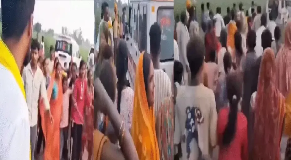 गाजीपुर में मंत्री ओमप्रकाश राजभर के काफिले के सामने महिलाओं का हंगामा