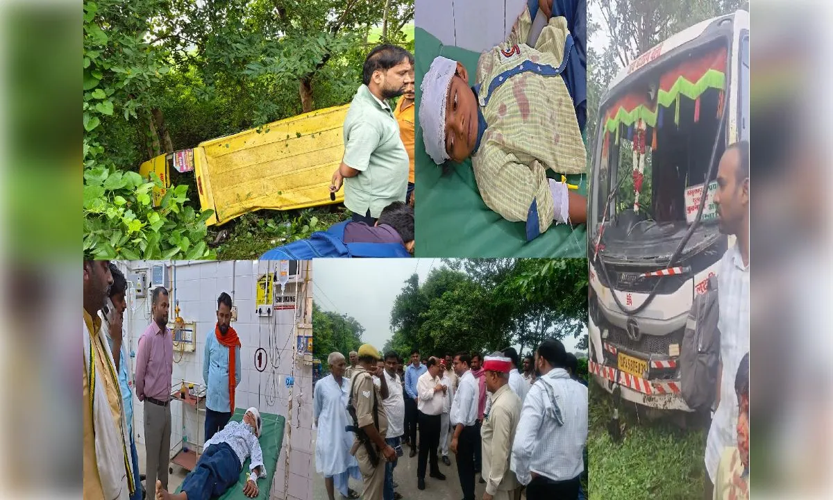  जौनपुर: बस की टक्कर से स्कूल वैन पलटी, सात बच्चे घायल
